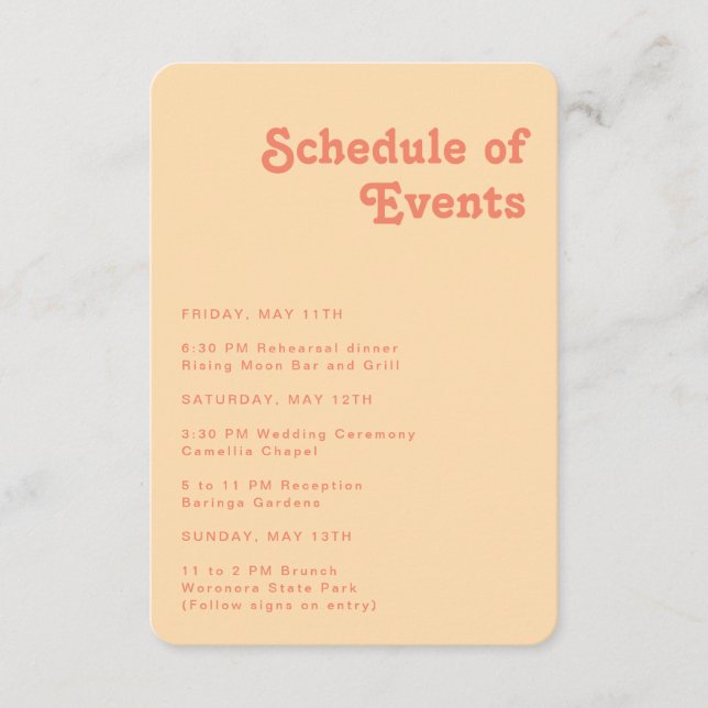 Retro Orange Schedule of Events Rounded Edges Enclosure Card (Front)
