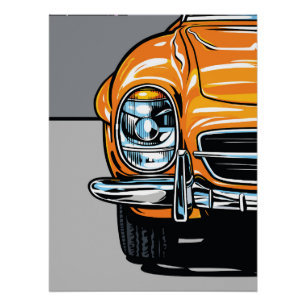 Retro Orange Sports Car Front Pop Art Illustration Poster