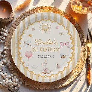 Retro Orange Striped Silly Goose Birthday Paper Plate