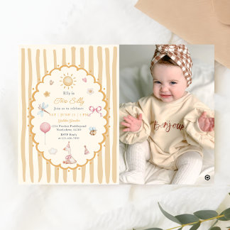 Retro Orange Striped Two Silly Birthday Photo Invitation