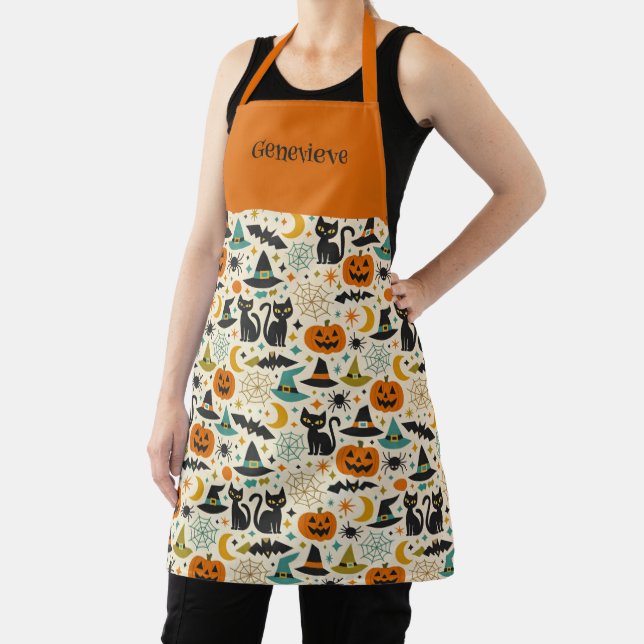 Retro Orange Teal Mid-Century Halloween Name Apron (Insitu)