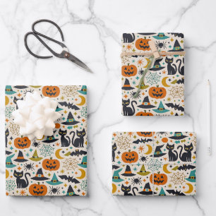 Retro Orange Teal Mid-Century Halloween Wrapping Paper Sheet