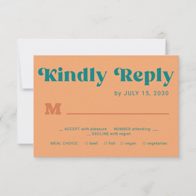 Retro orange teal simple typography wedding RSVP card (Front)
