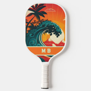 Retro Orange Teal Sunset Waves Palm Trees Monogram Pickleball Paddle