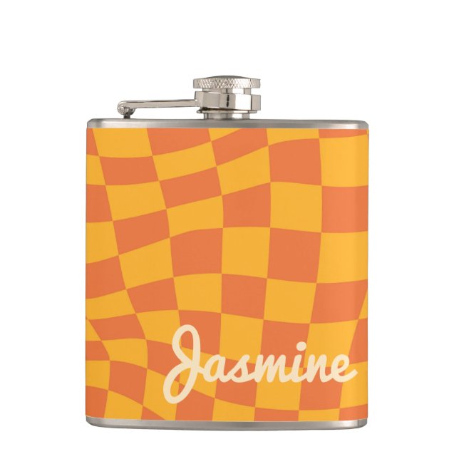 Retro Orange Warped Chequered Board Custom Name Hip Flask (Front)