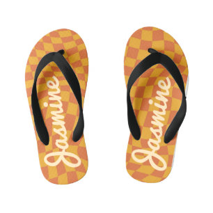 Retro Orange Warped Chequered Board Custom Name Kid's Thongs