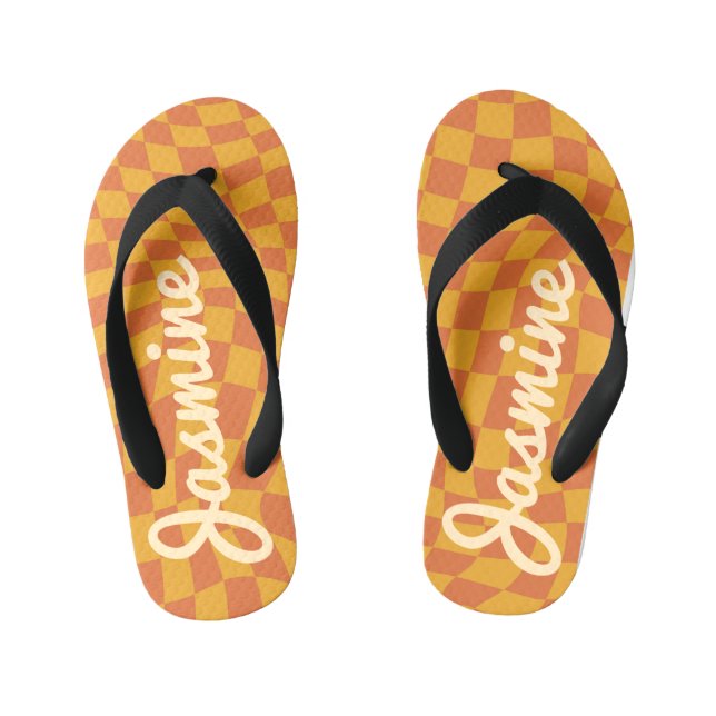 Retro Orange Warped Chequered Board Custom Name Kid's Thongs (Footbed)