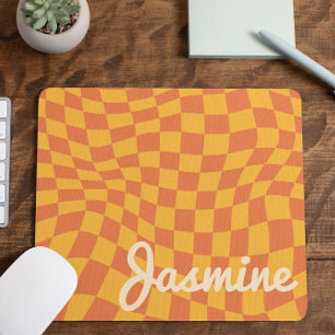 Retro Orange Warped Chequered Board Custom Name Mouse Pad