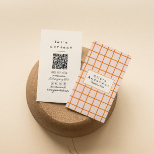 Retro Orange Wavy Chequered Trendy Boho QR Code Business Card