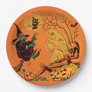 Retro Orange Witch Halloween Paper Plate