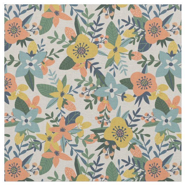 Retro Orange Yellow Blue Floral Pattern Fabric (Close Up)