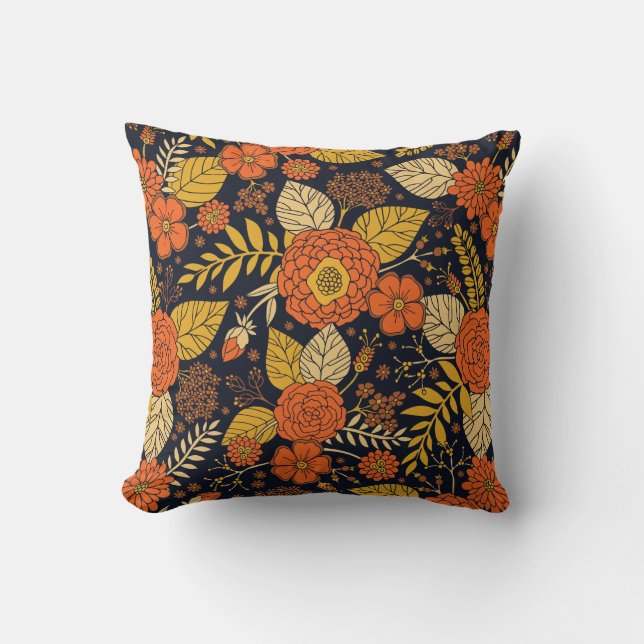 Retro Orange, Yellow, Brown, & Navy Floral Pattern Cushion (Front)