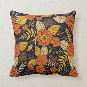 Retro Orange, Yellow, Brown, & Navy Floral Pattern Cushion