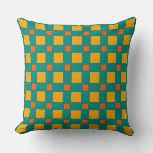 Retro Orange Yellow Mint Squares Pattern Cushion