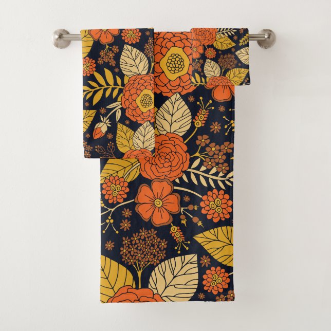 Retro Orange, Yellow & Navy Floral  Bath Towel Set (Insitu)