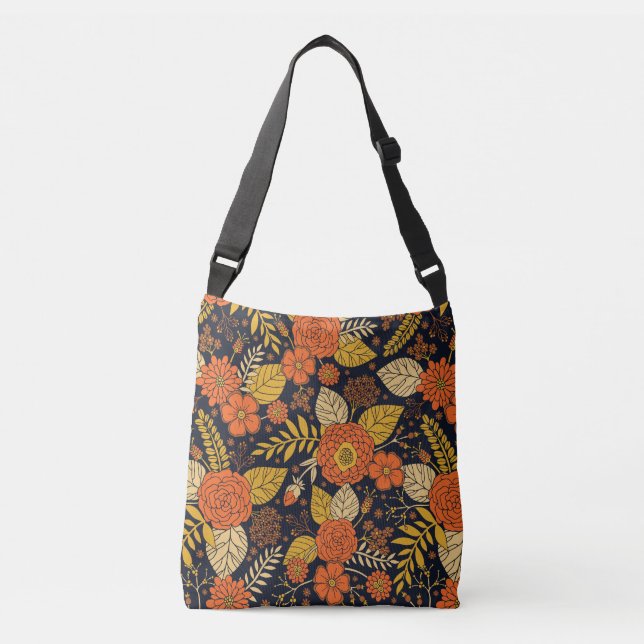 Retro Orange, Yellow & Navy Floral  Crossbody Bag (Front)