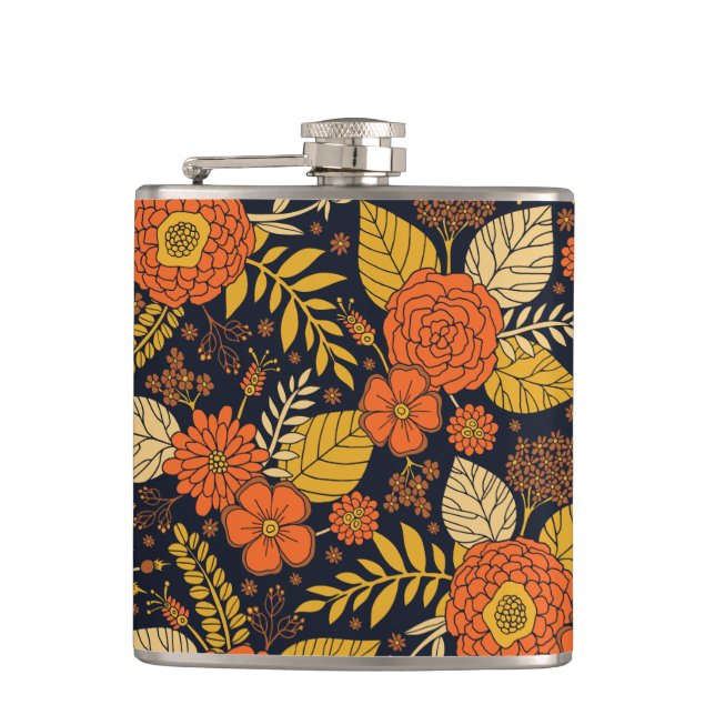 Retro Orange, Yellow & Navy Floral  Hip Flask (Front)