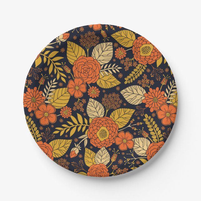 Retro Orange, Yellow & Navy Floral  Paper Plate (Front)
