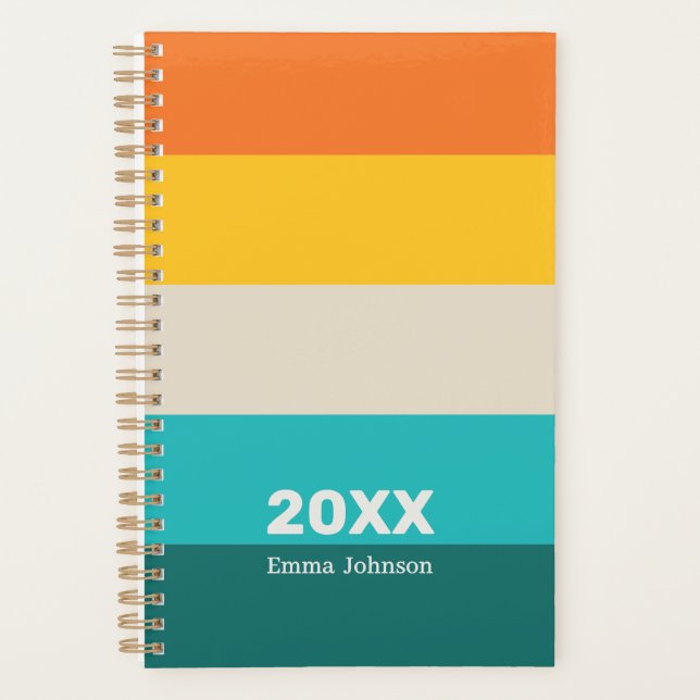 Retro Orange Yellow Teal Stripes Name Planner (Front)