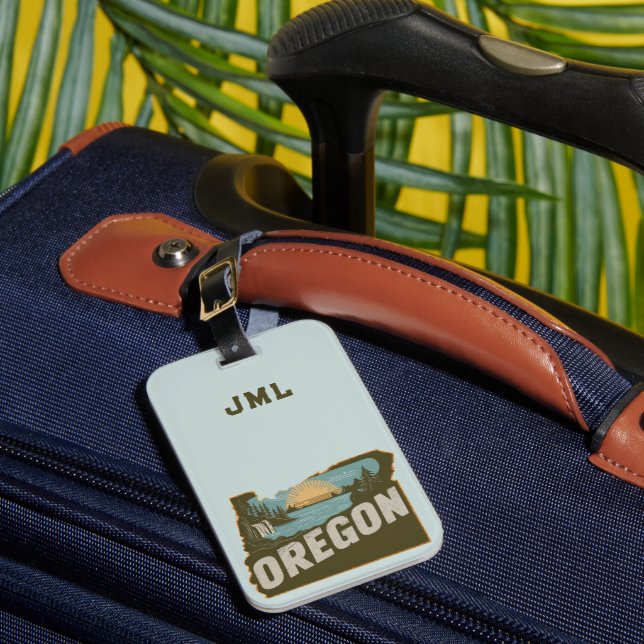 Retro Oregon Silhouette Monogram Luggage Tag (Front Insitu 1)