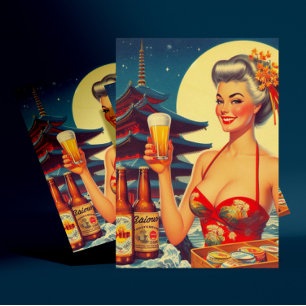 Retro Oriental Beer Girl Postcard