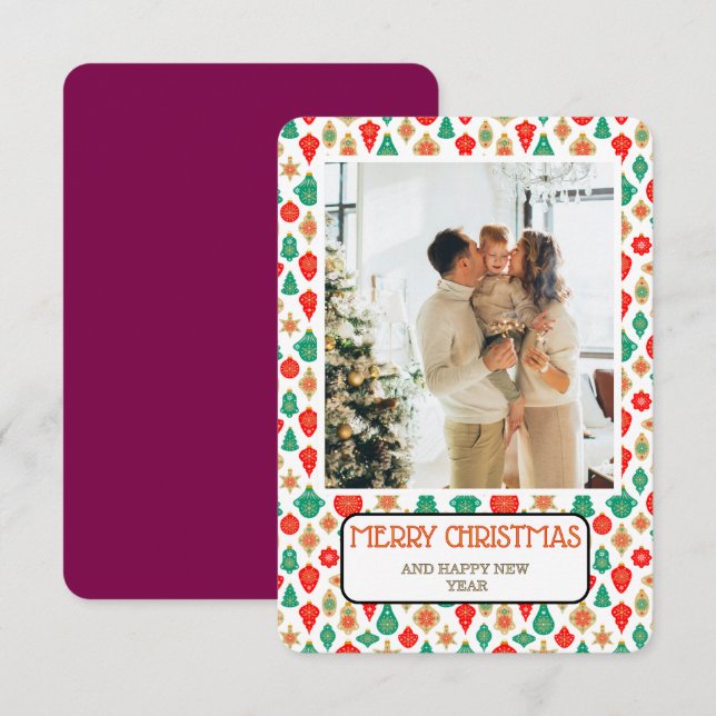 Retro Ornament Pattern Merry Christmas Photo Card (Front/Back)