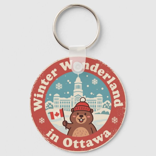 Retro Ottawa Beaver Winter Fun Key Ring (Front)
