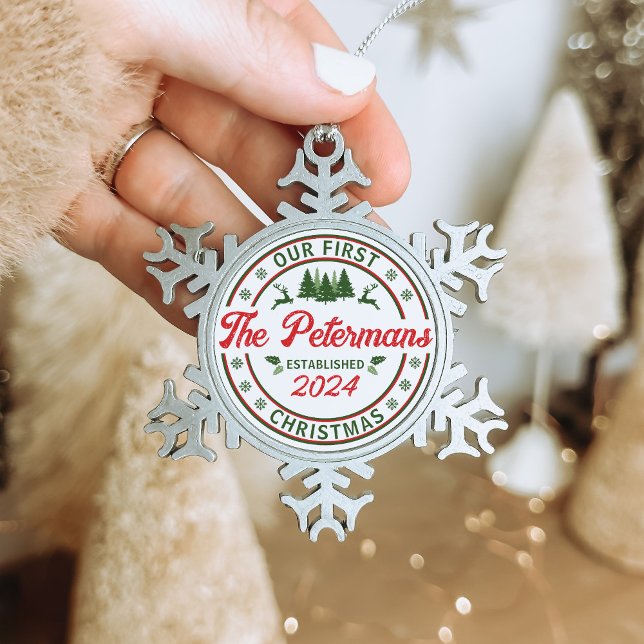 Retro Our First Christmas Married Wedding Name Snowflake Pewter Christmas Ornament (Retro Our First Christmas Weddings custom married name 2024 pewter snowflake ornament newlywed gift)