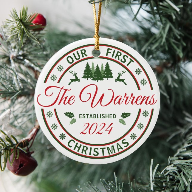 Retro Our First Christmas Weddings Married Name Ceramic Ornament (Personalized married last name Our First Christmas as Mr & Mrs red and green retro holiday ornament)