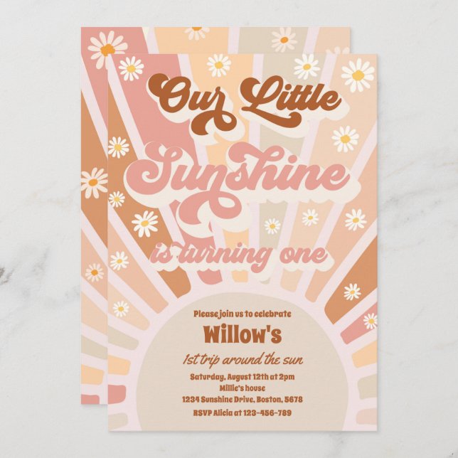 Retro Our Little Sunshine 1st Birthday Party Invitation (Front/Back)