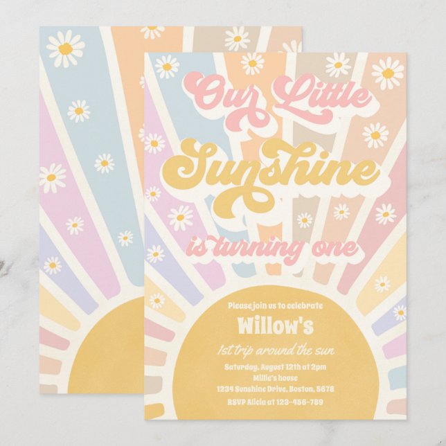 Retro Our Little Sunshine 1st Birthday Party Invitation (Front/Back)