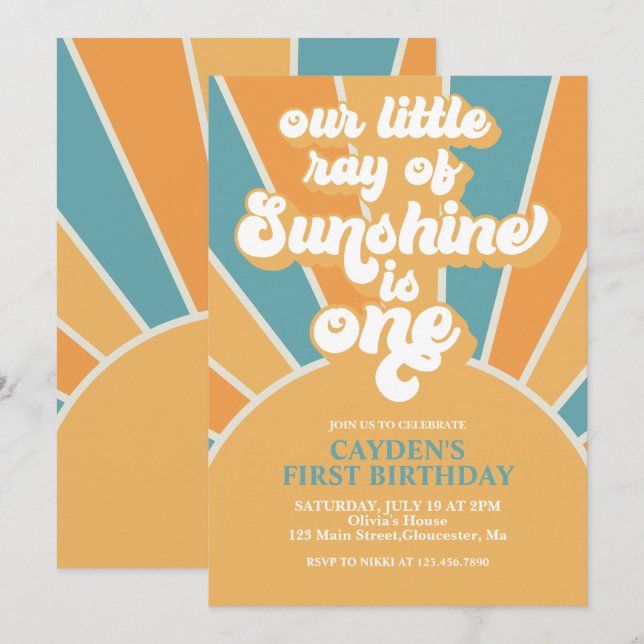 Retro Our Little Sunshine Boy First Birthday Invit Invitation (Front/Back)