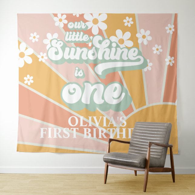 Retro Our Little Sunshine Daisy Birthday Banner Tapestry (In Situ (Horizontal))