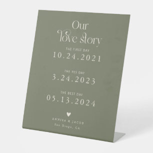 Retro Our Love Story Sage Green Wedding Timeline Pedestal Sign