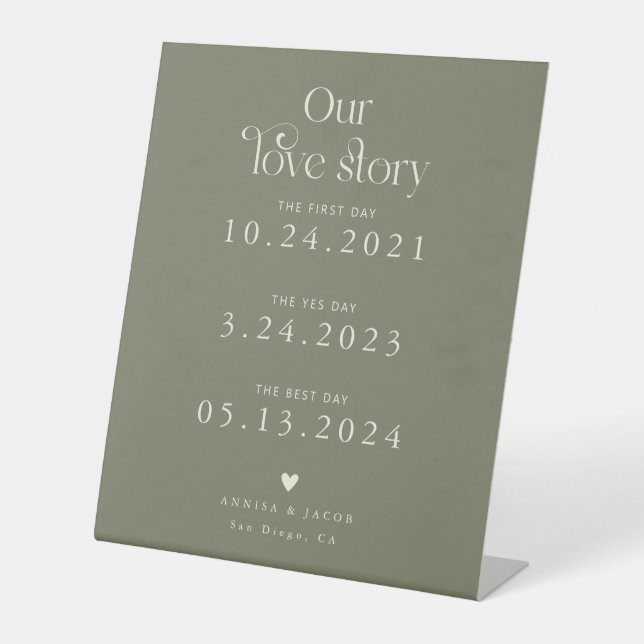 Retro Our Love Story Sage Green Wedding Timeline Pedestal Sign (Front)