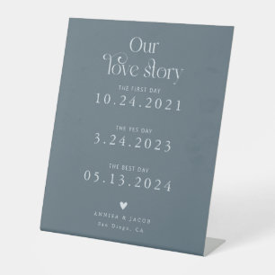 Retro Our Love Story Steel Blue Wedding Timeline Pedestal Sign