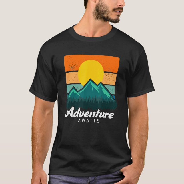 Retro Outdoor Adventure Awaits Trekking Hiking Men T-Shirt (Front)