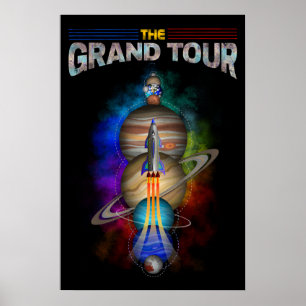 Retro Outer Space art with Space Ship and Planets Poster