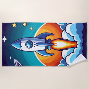 Retro, outer space rocket beach towel