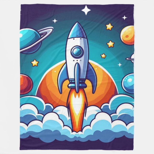 Retro, outer space rocket fleece blanket (Front)
