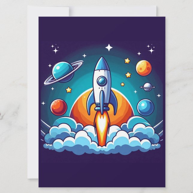 Retro, outer space rocket holiday card (Front)