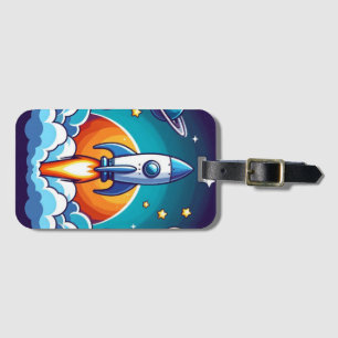 Retro, outer space rocket luggage tag