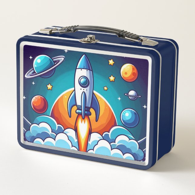 Retro, outer space rocket metal lunch box (Front)