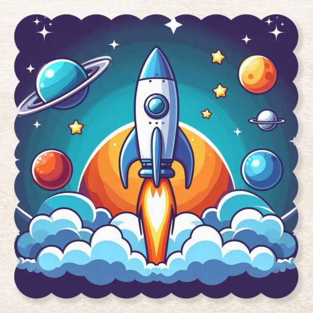 Retro, outer space rocket paper coaster (Front)