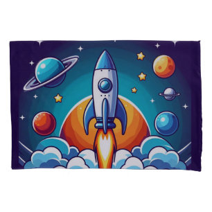 Retro, outer space rocket pillowcase