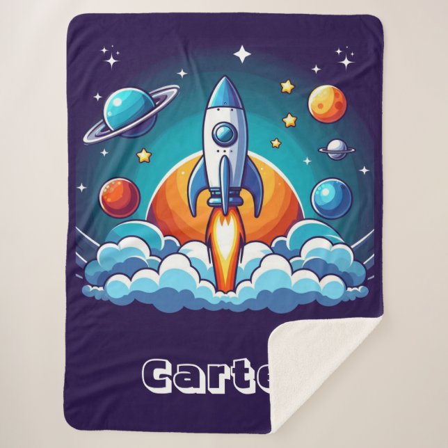 Retro, outer space rocket sherpa blanket (Front)