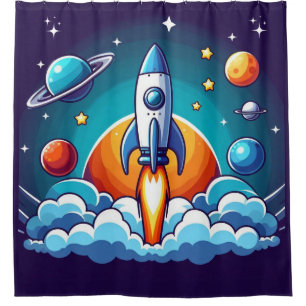 Retro, outer space rocket shower curtain