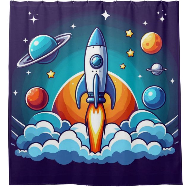 Retro, outer space rocket shower curtain (Front)