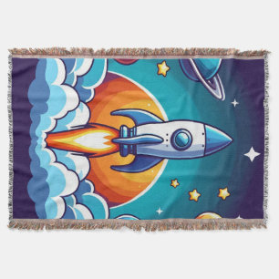 Retro, outer space rocket throw blanket