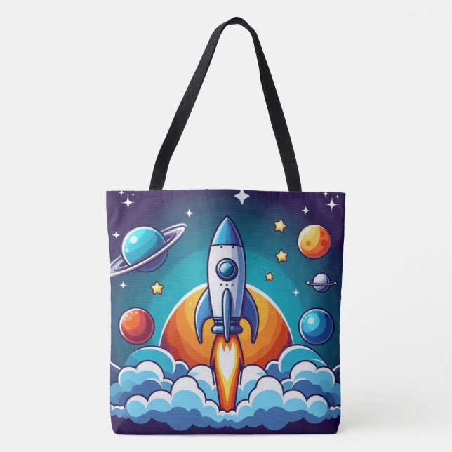 Retro, outer space rocket tote bag (Front)
